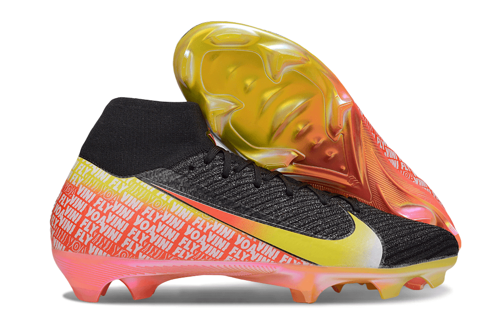 Chuteira Nike Mercurial Superfly 10 Elite "Vini jr" FG - Preta com detalhes vibrantes e sola FG.