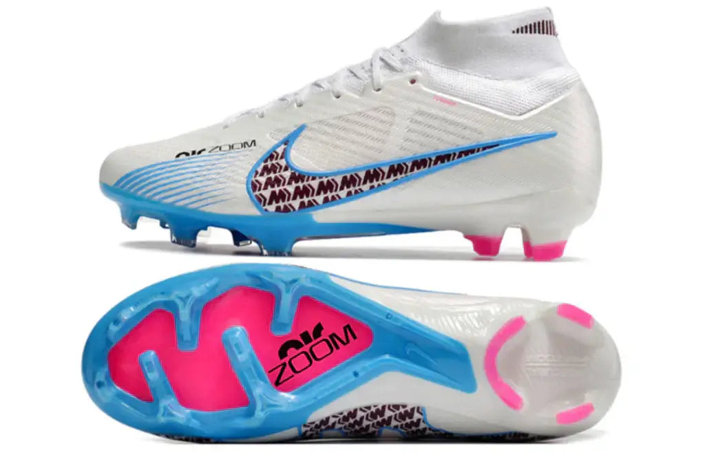 Chuteira Nike Mercurial superfly 9 Air Zoom Ultra FG Branca, Rosa e Azul vista lateral e inferior.
