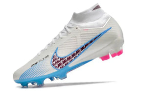 Chuteira Nike Mercurial superfly 9 Air Zoom Ultra FG Branca, Rosa e Azul vista lateral em fundo branco