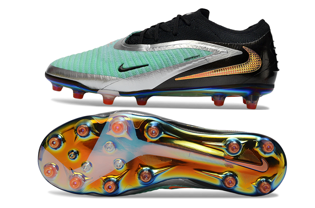 Chuteira Nike Phantom 6 Elite AG Cinza e Preta com design moderno e tecnologia AG para desempenho em campos sintéticos.