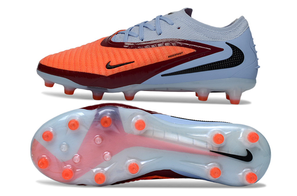 Chuteira Nike Phantom 6 Elite AG Vermelha e Azul - Scarry Good Pack em detalhes, vista superior e inferior para destacar design dinâmico.