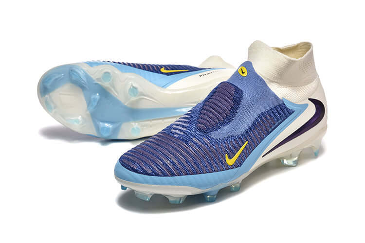 Chuteira Nike Phantom 6 Elite DF FG - Branca e Azul - Pack Fear Nothing com design moderno e tecnologia de ajuste.