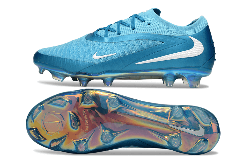 Chuteira Nike Phantom 6 Elite FG - Azul vista lateral e inferior destacando o design inovador e a cor vibrante.