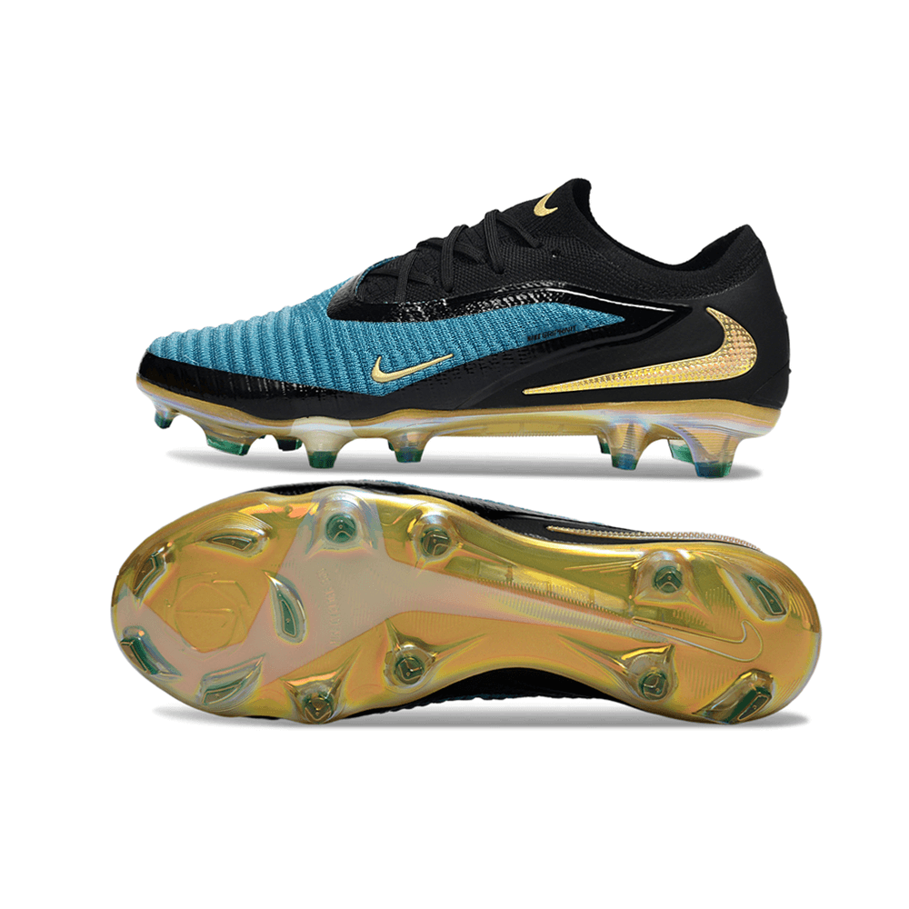 Chuteira Nike Phantom 6 Elite FG - Azul e Preta com detalhes em dourado e sola injetada premium.