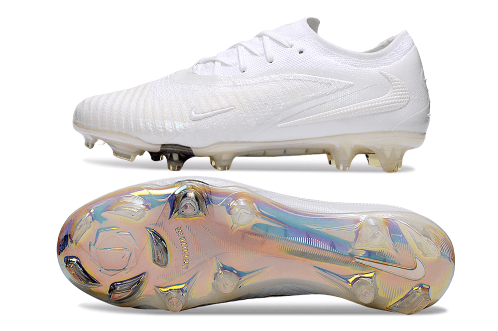 Chuteira Nike Phantom 6 Elite FG - Branca vista lateral e inferior, design elegante e tecnologia avançada.