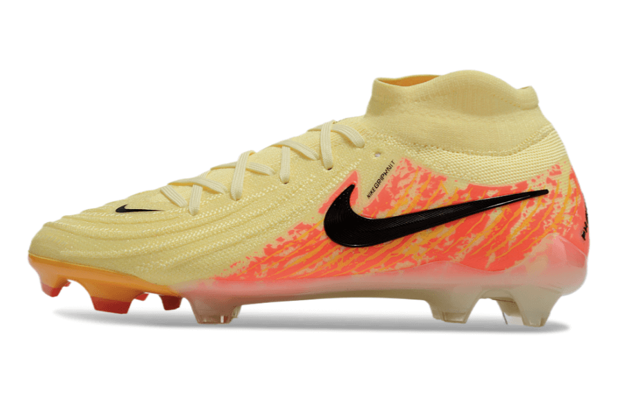 Chuteira Nike Phantom Luna Elite NU FG Laranja e Amarelo em destaque, enfatizando design e performance.