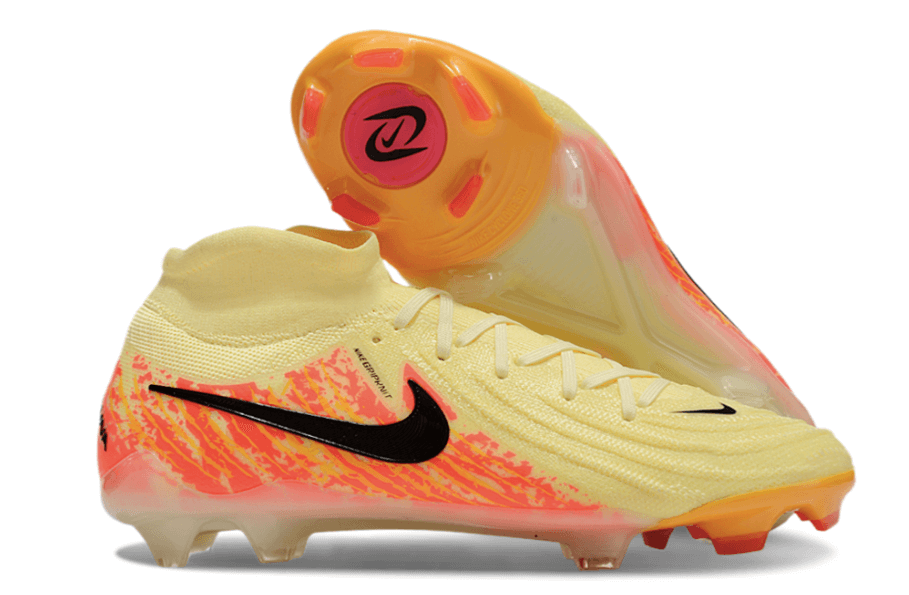 Chuteira Nike Phantom Luna Elite NU FG Laranja e Amarelo, modelo inovador para desempenho em campo.