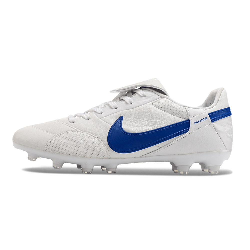 Chuteira Nike Premier 3 Elite FG Branca e Azul lateral com design clássico e tecnologia avançada.