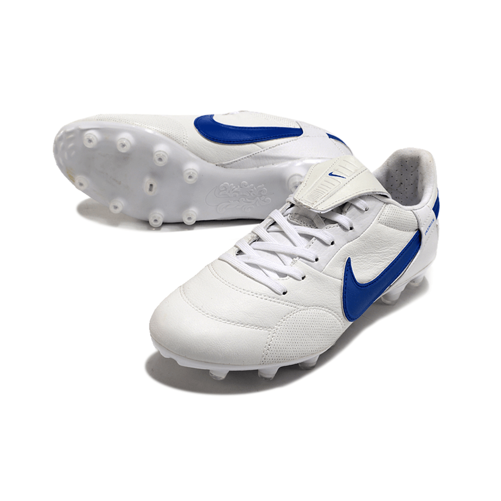 Chuteira Nike Premier 3 Elite FG Branca e Azul com design clássico e couro premium para conforto e controle.