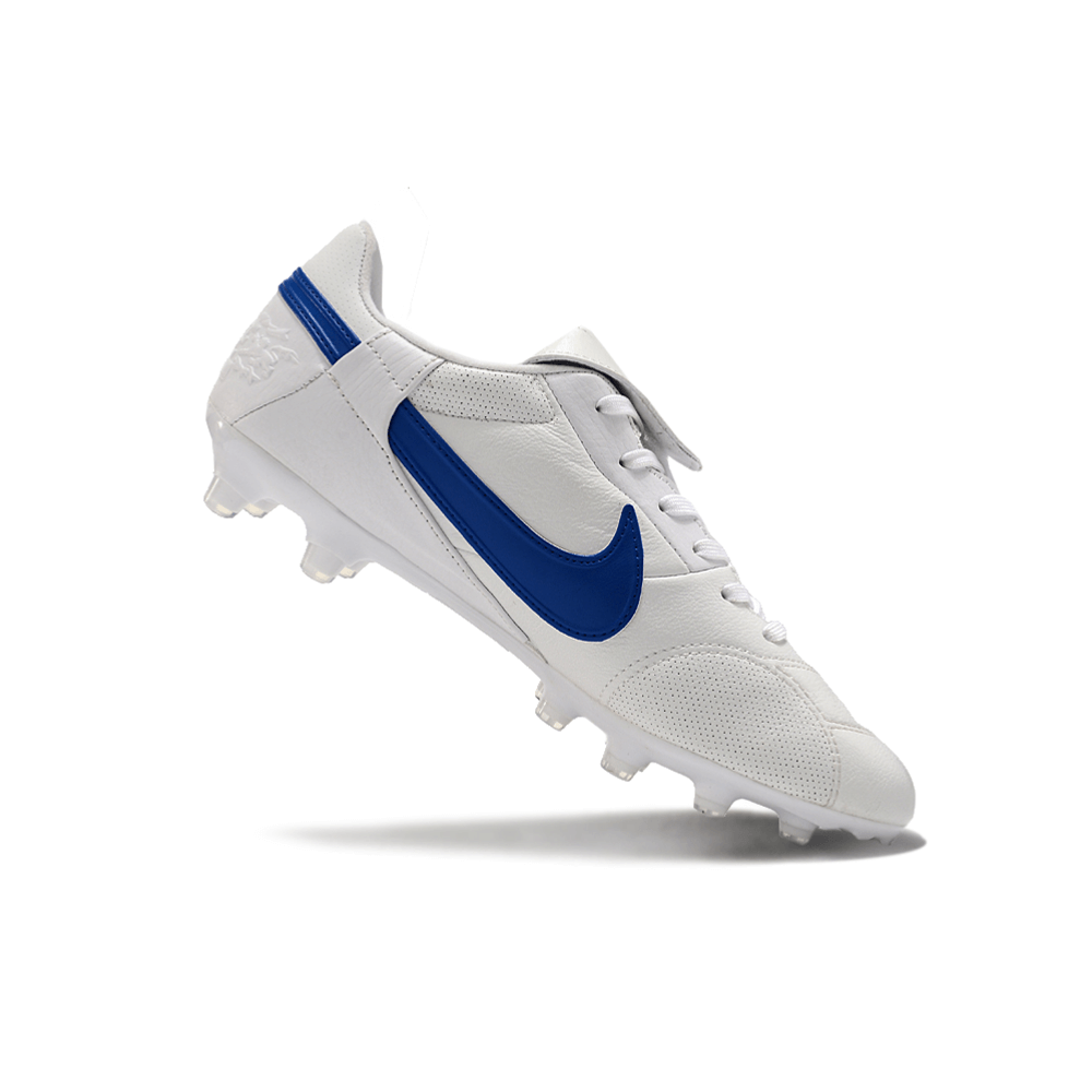Chuteira Nike Premier 3 Elite FG Branca e Azul com design clássico e tecnologia avançada.
