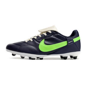 Chuteira Nike Premier 3 FG Azul e Verde lateral com detalhe em verde e sola FG para futebol em campo natural.
