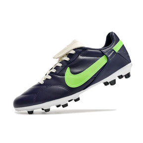 Chuteira Nike Premier 3 FG Azul e Verde, calçado de futebol com design clássico e tecnologia avançada.