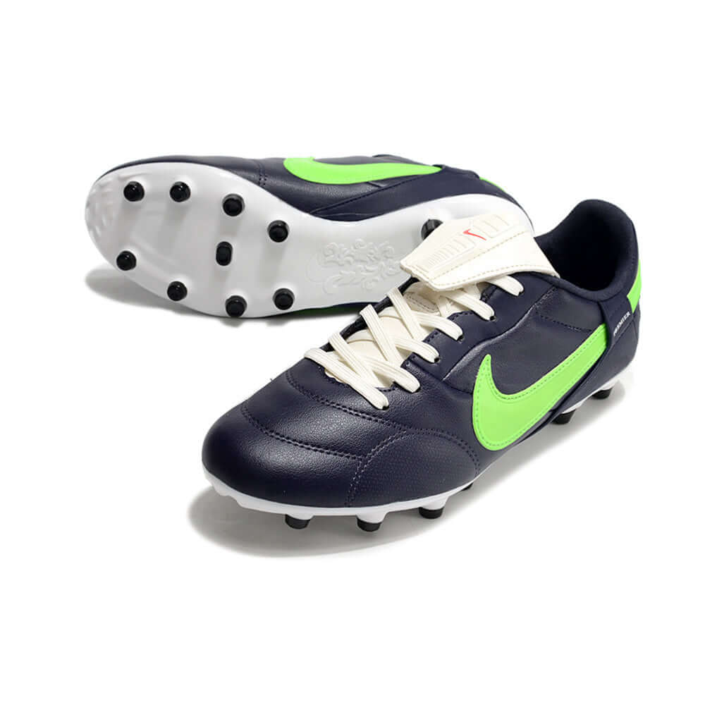 Chuteira Nike Premier 3 FG Azul e Verde, calçado de futebol para jogadores que buscam precisão e conforto.