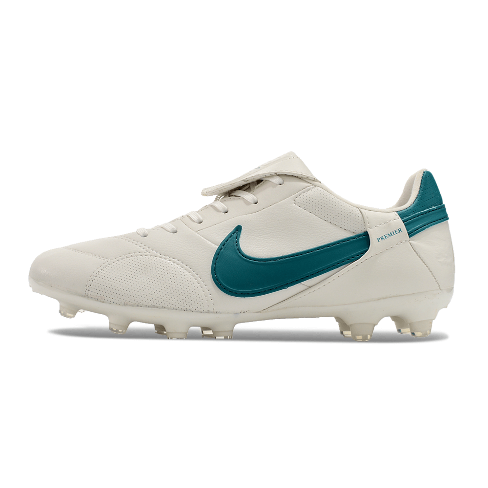Chuteira Nike Premier 3 FG Branca e Verde vista lateral, ideal para controle e precisão em campo.