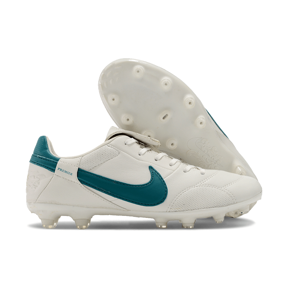 Chuteira Nike Premier 3 FG Branca e Verde com design clássico e sola para campos.