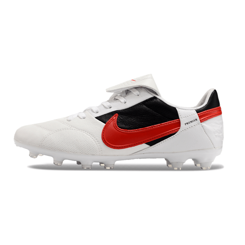 Chuteira Nike Premier 3 FG Branca e Vermelha com detalhes em preto e vermelho, ideal para futebol em campos naturais.