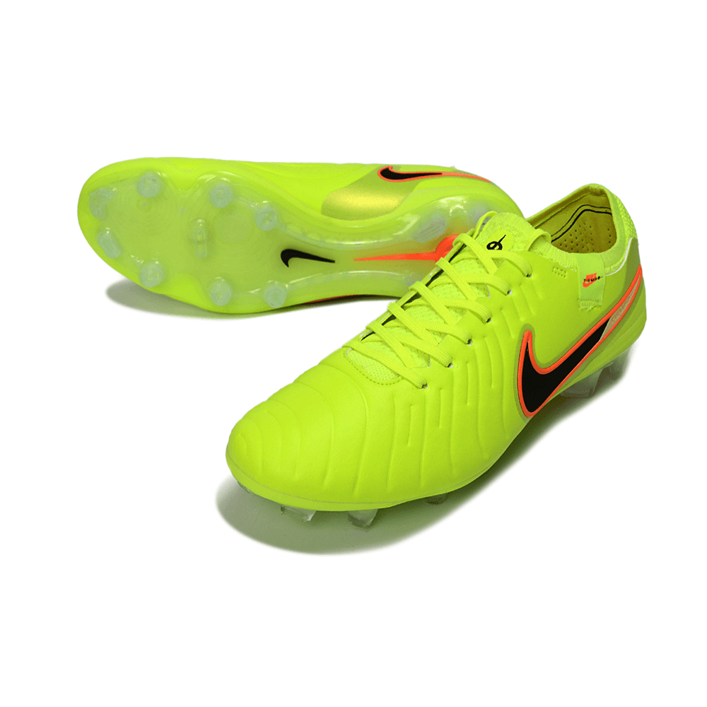 Chuteira Nike Tiempo 10 Elite FG Amarela e Preta em destaque com design vibrante e sola transparente.