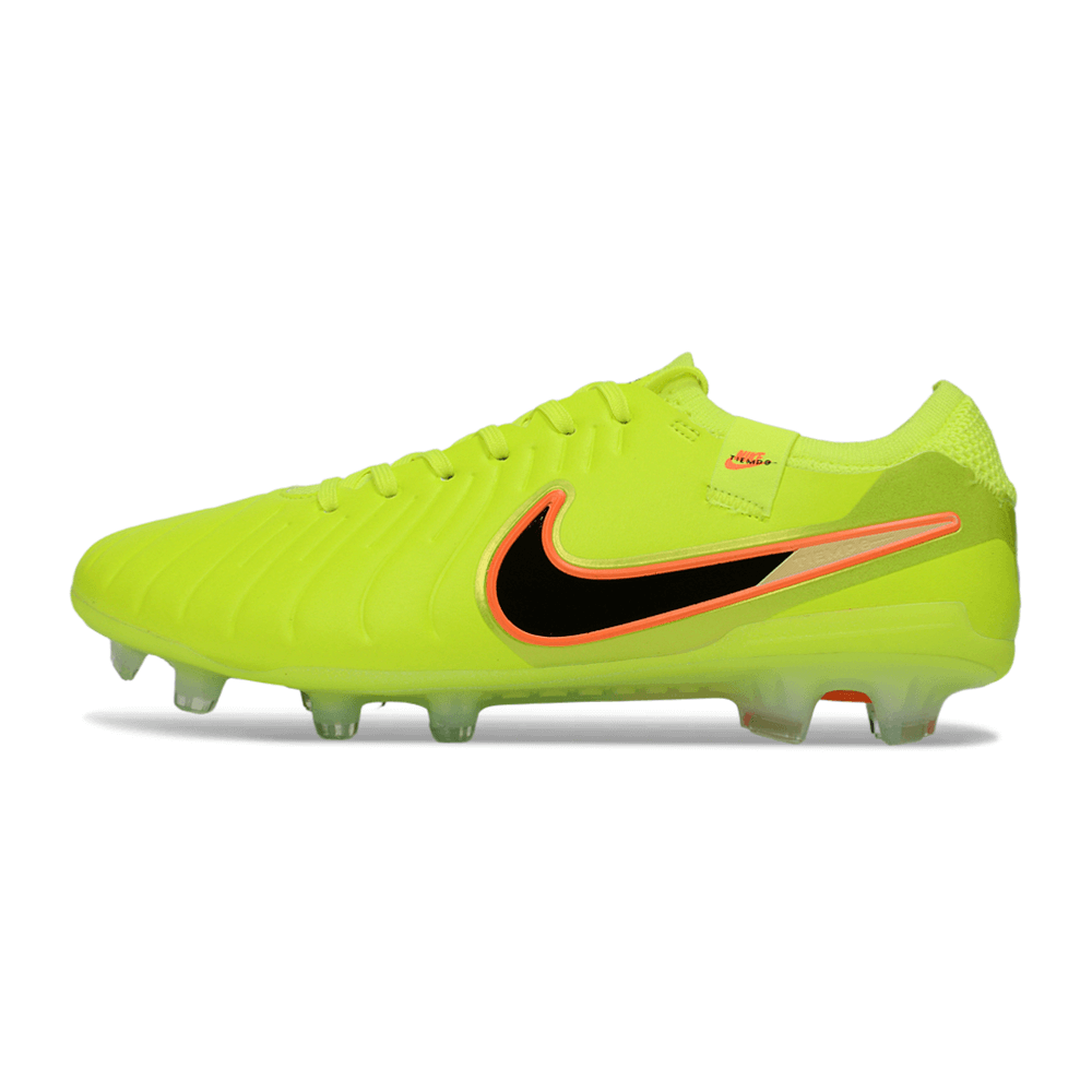 Chuteira Nike Tiempo 10 Elite FG Amarela e Preta vista lateral em fundo branco.