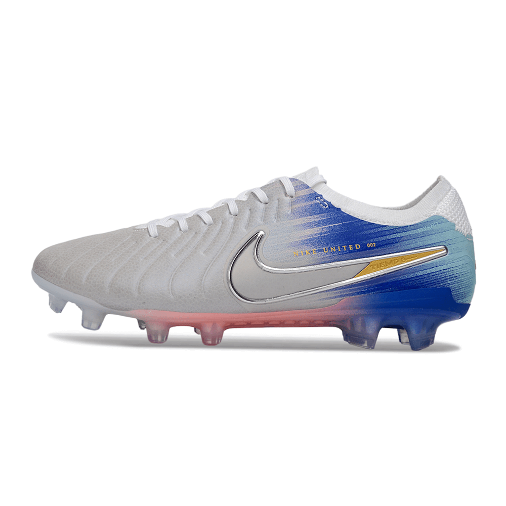 Chuteira Nike Tiempo 10 Elite FG Prata e Azul "United Pack" com design elegante e dinâmico.