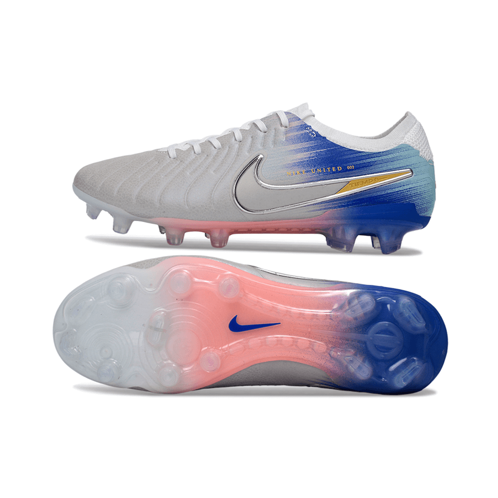 Chuteira Nike Tiempo 10 Elite FG Prata e Azul "United Pack" vista lateral e inferior