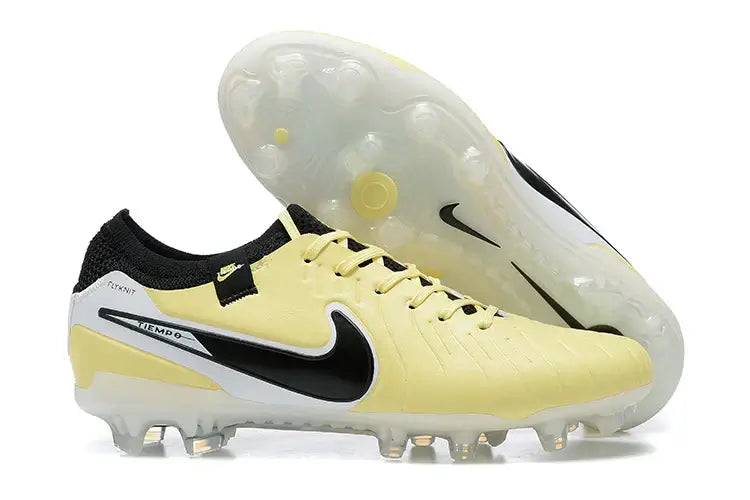 Chuteira Nike Tiempo Legend 10 FG - Amarelo e Preto com design icônico e sola firme para controle superior no campo.