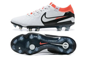 Chuteira Nike Tiempo Legend 10 FG - Branca, Vermelha e Preta com design moderno e sola de aderência.
