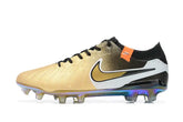 Chuteira Nike Tiempo Legend 10 FG - Dourada - Edição Especial lateral em destaque com detalhes coloridos