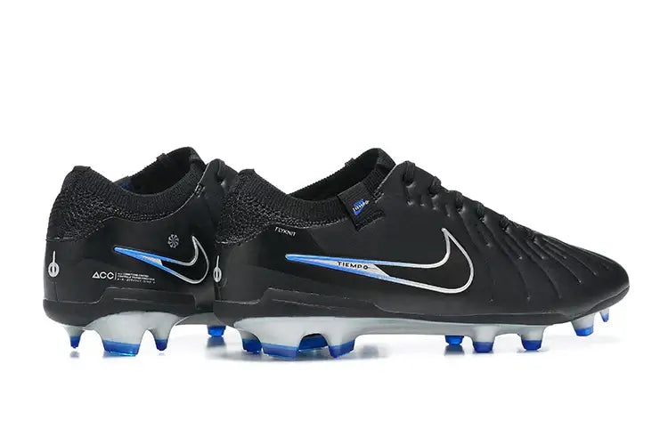 Chuteira Nike Tiempo Legend 10 FG - Preta e Azul - Pack Shadow, com design clássico e conforto no futebol.