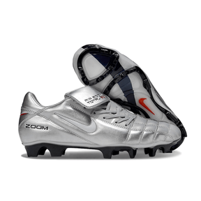 Chuteira Nike Total 90 FG Prata e Branco em design sofisticado para futebolistas.