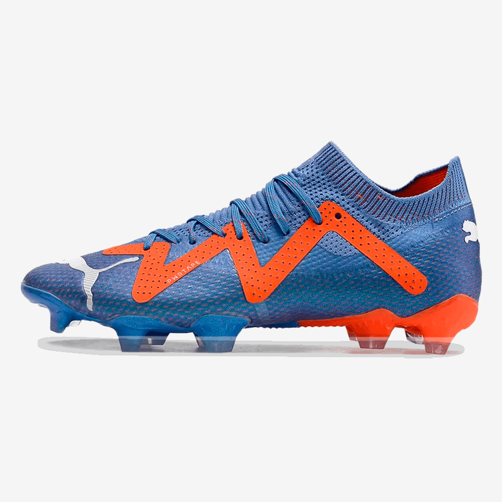 Chuteira Puma Future 7 FG Azul e Laranja, modelo de alta performance para futebol em campo natural.