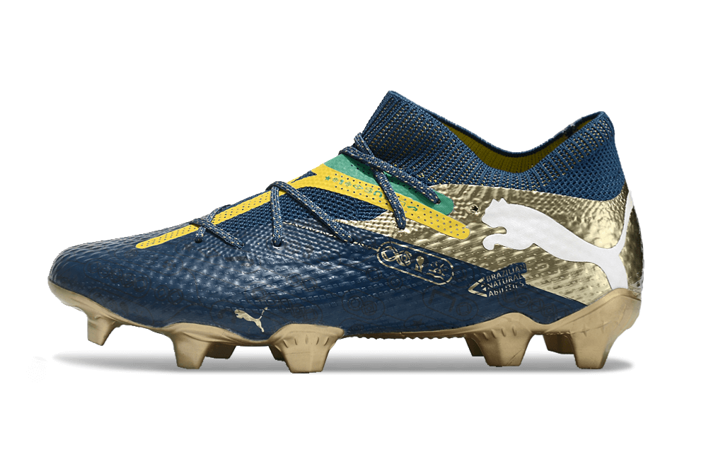 Chuteira Puma Future 7 FG - NJR com design azul e detalhes em dourado, ideal para velocidade e controle no futebol.