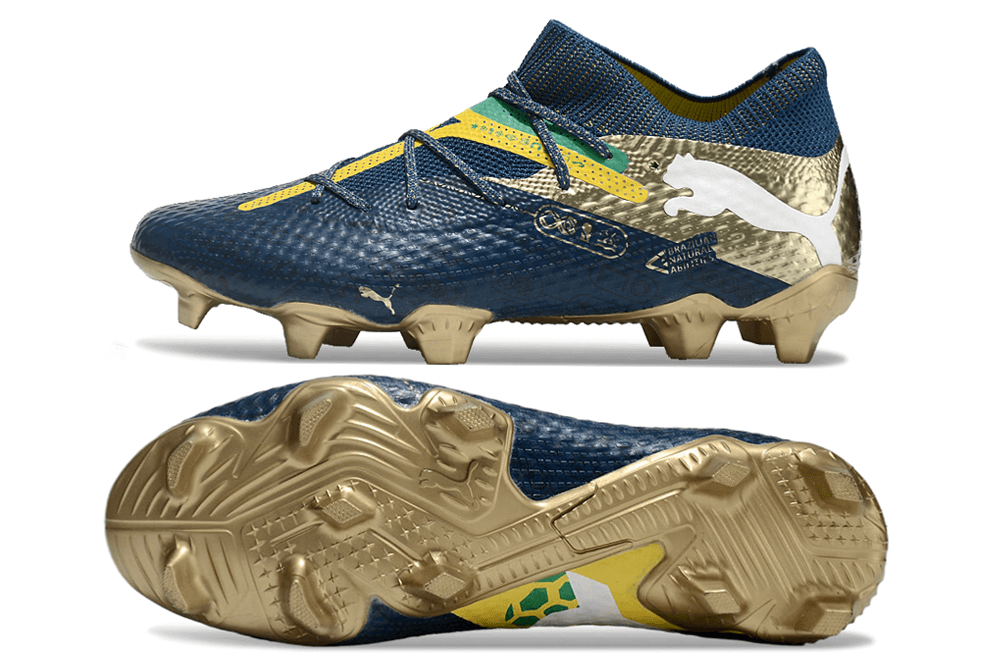 Chuteira Puma Future 7 FG - NJR com design em azul e detalhes dourados, ideal para performance em campo.