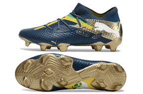 Chuteira Puma Future 7 FG - NJR com design em azul e detalhes dourados, ideal para performance em campo.