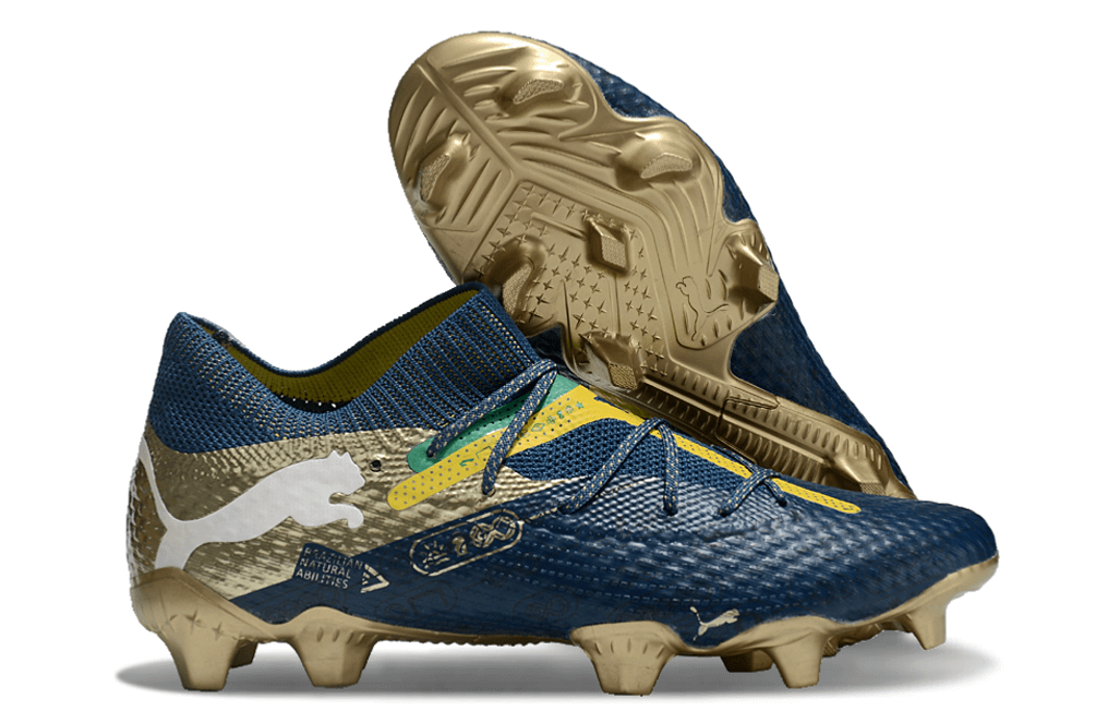 Chuteira Puma Future 7 FG - NJR com design em azul e detalhes dourados para desempenho em campo.
