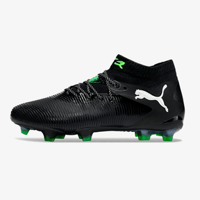 Chuteira Puma Future 8 FG - Preta e Verde, modelo de futebol com design moderno e sola otimizada para campos naturais.