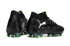 Chuteira Puma Future 8 FG - Preta e Verde, design inovador e agressivo para futebol, otimizada para velocidade e controle.