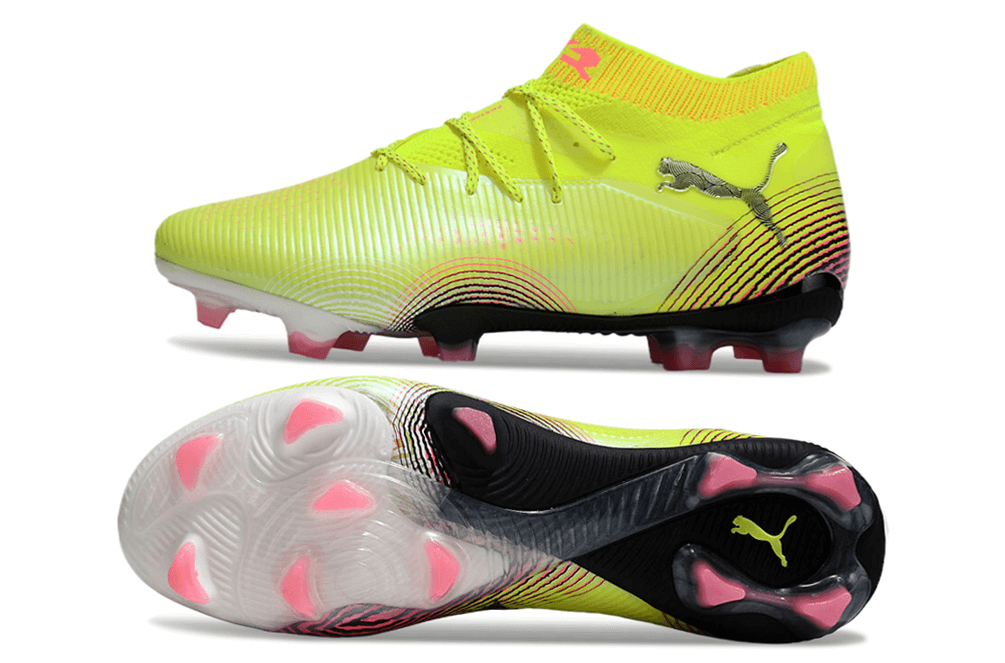 Chuteira Puma Future 8 FG - Verde vista lateral e inferior com detalhes em amarelo e rosa