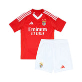 Conjunto Infantil Benfica, uniforme de futebol vermelho e branco para crianças, temporada 2024/25.