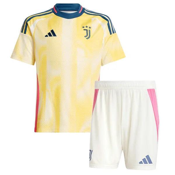 Conjunto Infantil Juventus Away 24/25, camisa amarela e shorts brancos, uniforme de futebol infantil.