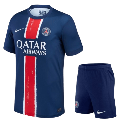 Conjunto Infantil PSG Home 24/25, uniforme de futebol com camiseta azul e bermuda, marca Nike.