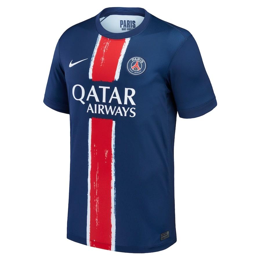 Conjunto Infantil PSG Home 24/25 - camisola de futebol na cor azul com detalhes em vermelho e logo do Paris Saint-Germain.