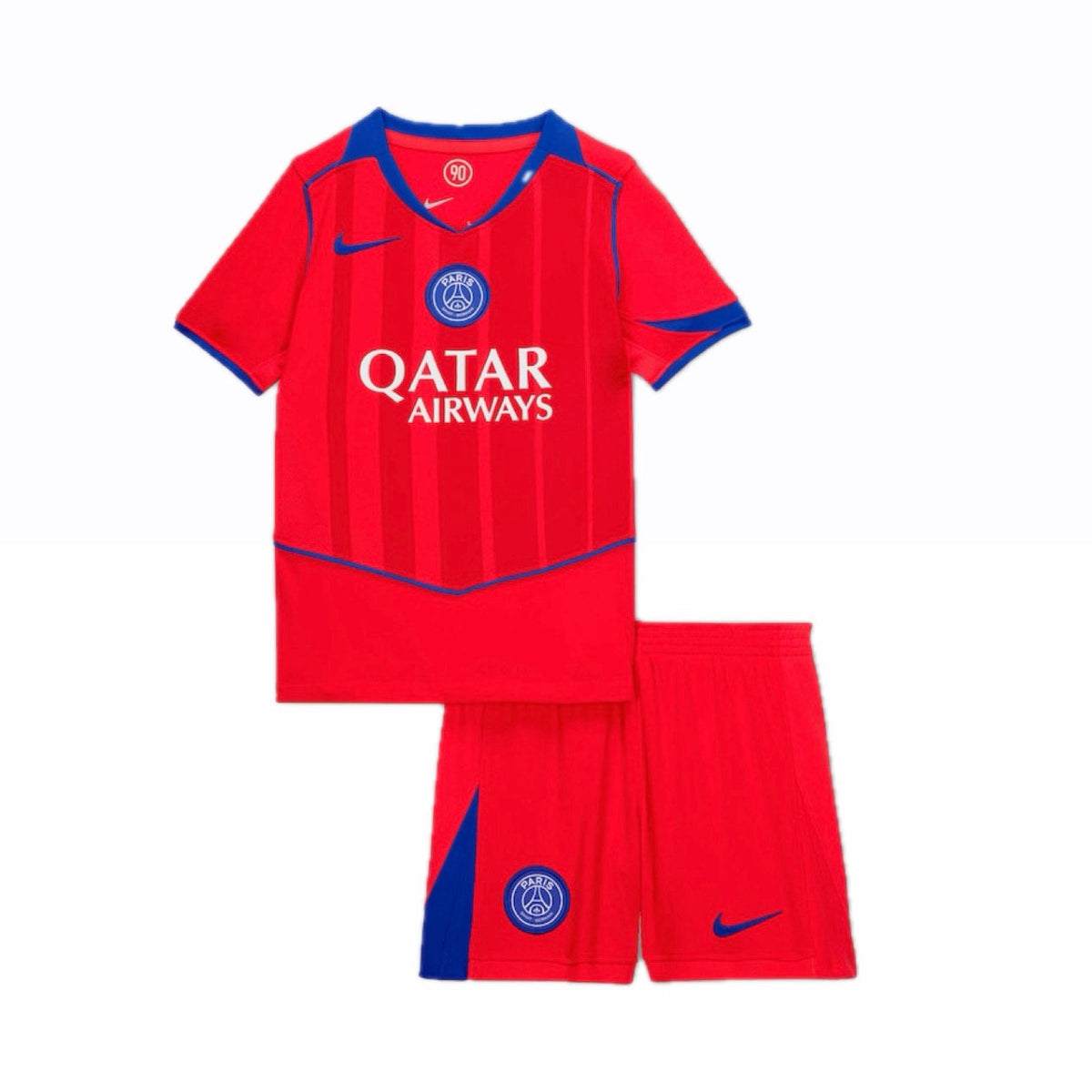 Conjunto Infantil PSG terceira laranja TOTAL 90 2025/26, uniforme de futebol infantil com camisa e shorts.
