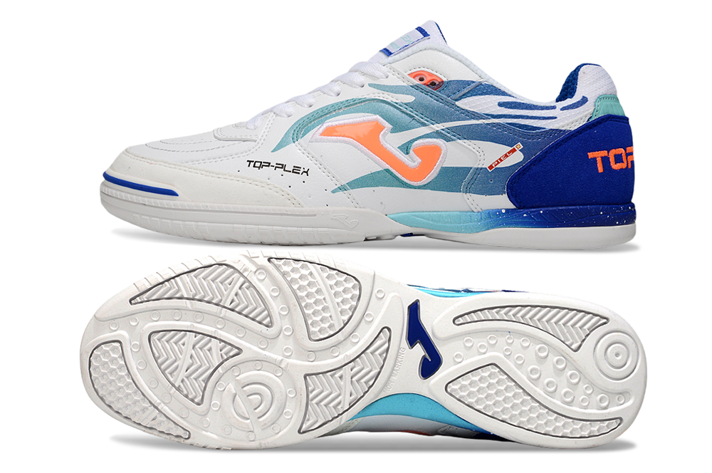 Chuteira Futsal Joma Top Flex Rebound IC Branca e Azul com design moderno e sola antiderrapante.