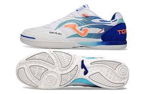 Chuteira Futsal Joma Top Flex Rebound IC Branca e Azul com design moderno e sola antiderrapante.