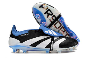 Chuteira Adidas Predator Elite Tongue FG - Preta, Branca e Azul com design moderno e tecnologia de controle.