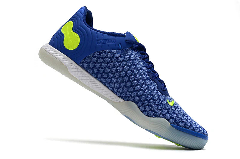 Chuteira Futsal Nike React Gato IC em azul e amarela com design inovador e sola adequada para quadra.