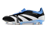 Chuteira Adidas Predator Elite Tongue FG - Preta, Branca e Azul, vista lateral destacando design e tecnologia de futebol.