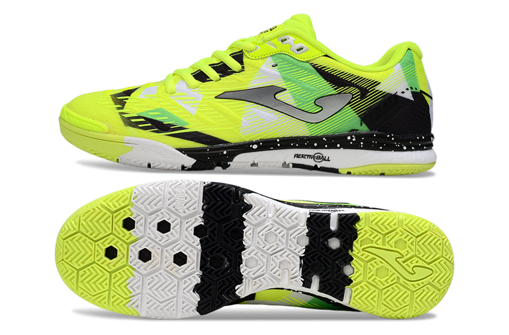 Chuteira Futsal Joma Regate Rebound IC Amarela e Preta, ideal para performance em pisos interiores.