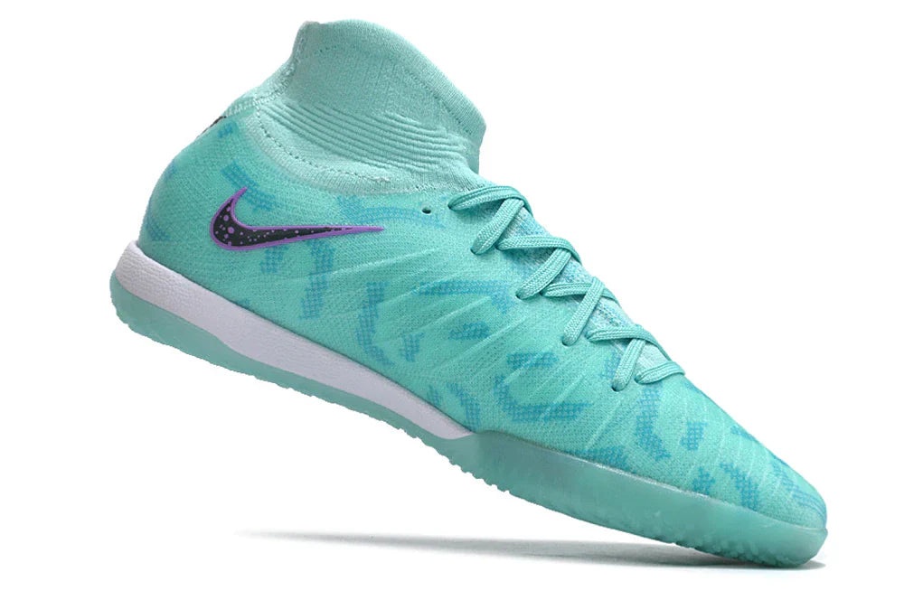 Chuteira Futsal Nike Phantom Luna Elite IC na cor verde água, ideal para jogos em quadra.
