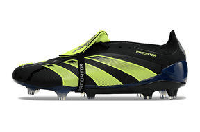 Chuteira Adidas Predator Elite Tongue FG - Preta e Verde, com design arrojado e tecnologia avançada para performance em campo.